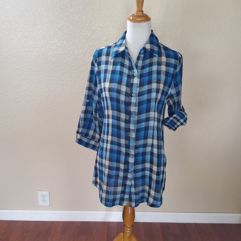 JAK Checkered Plaid Button Down Shirt L New Blue